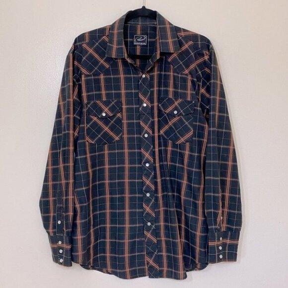 Vintage Black & Orange Plaid Western Pearl Snap L - Picture 1 of 5